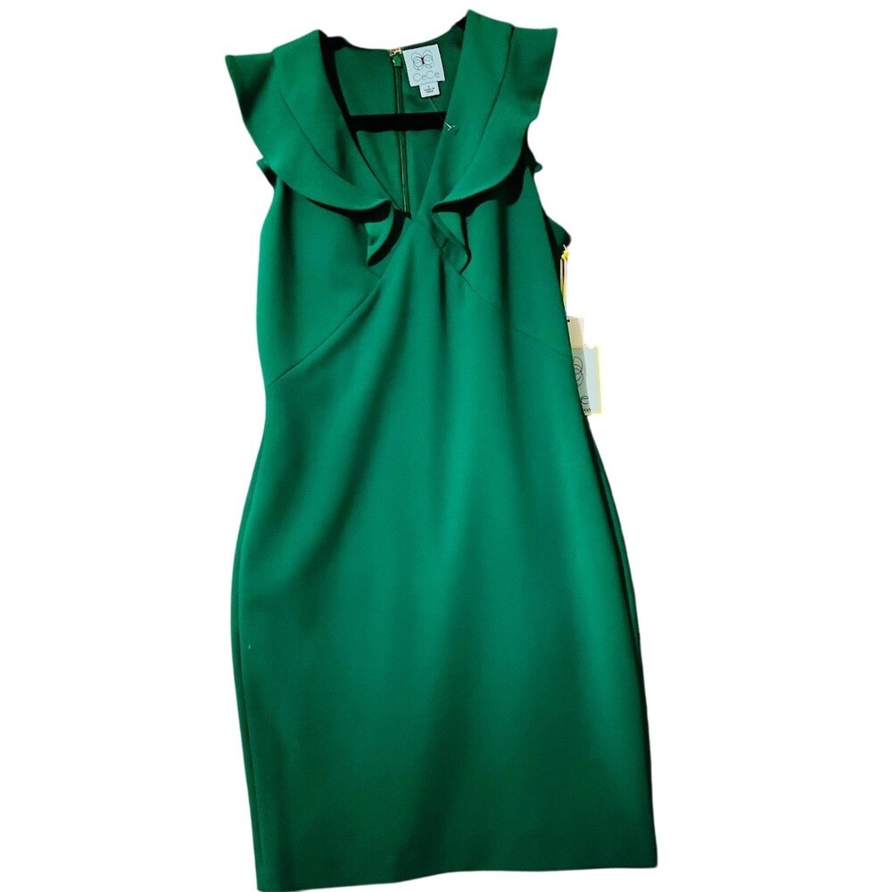 CeCe Dress Womens Size 2 Emerald Green Ruffle V-Neck Sheath Knee Length